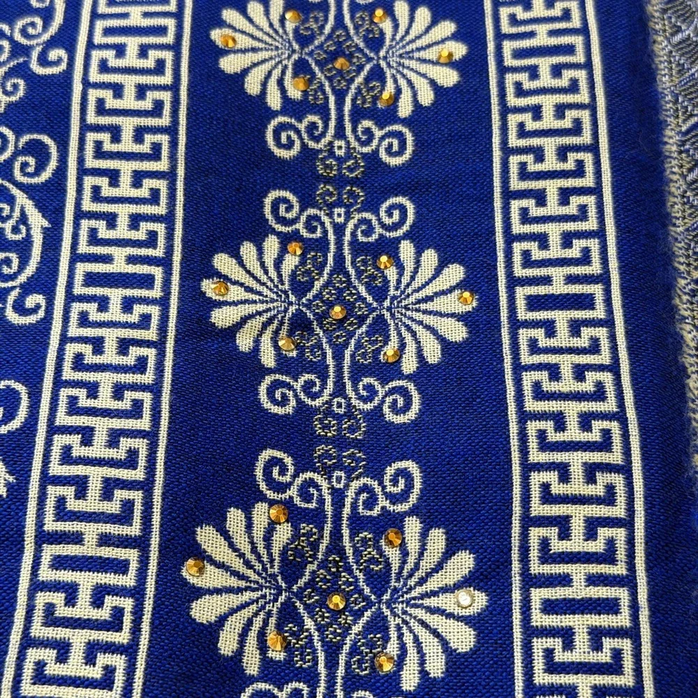 Reversible Mamta Sapphire Blue and Ivory Floral Shawl Scarf with Rhinestones .